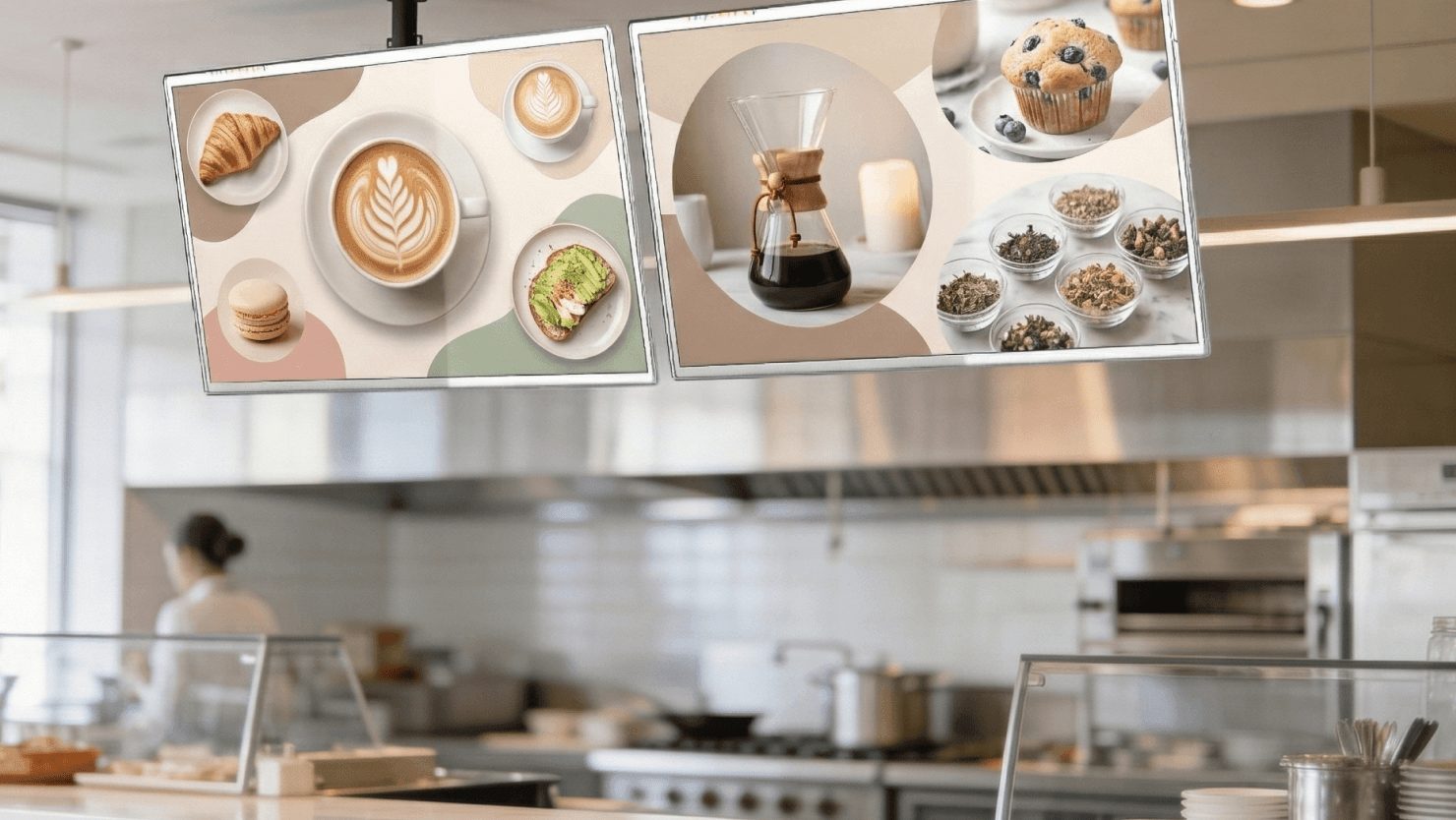 ePaper displays paired and updated through IEI and CAYIN software, shown here as menu boards in a cafe store.
