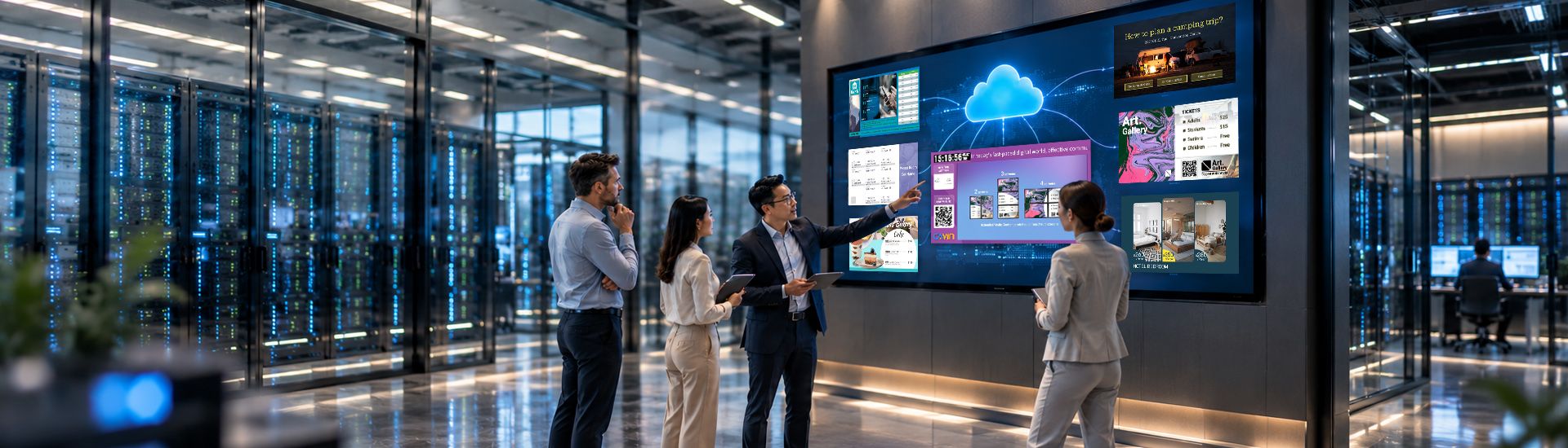 Team in a server room reviewing digital signage content managed by CAYIN servers on a large display